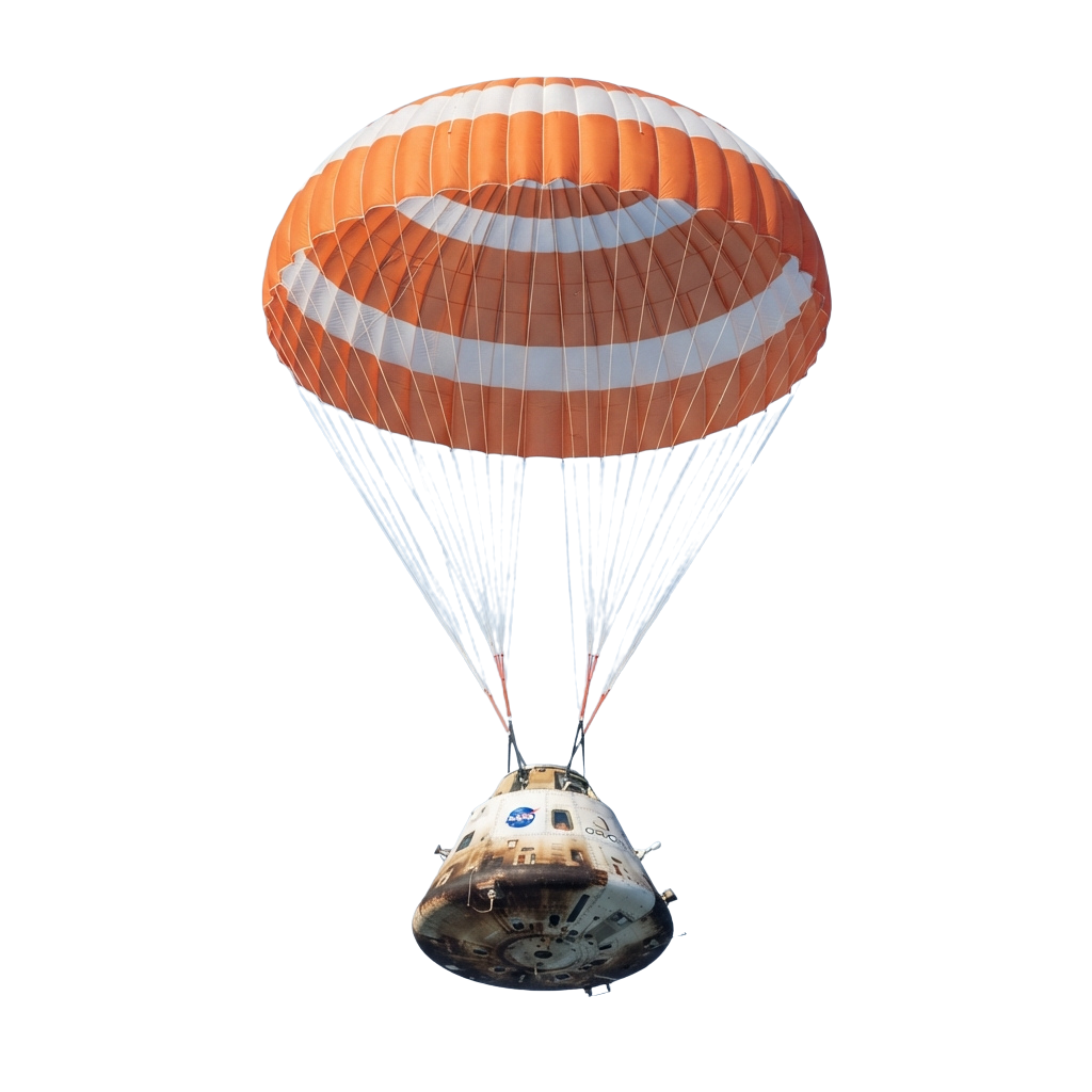 Space capsule descending with three orange and white striped parachutes against a dark sky