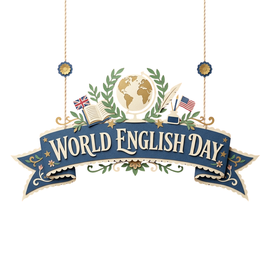 Decorative banner celebrating World English Day with a globe, flags, and an open book