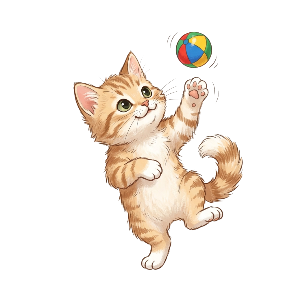 A small kitten jumping to catch a colorful ball in mid-air