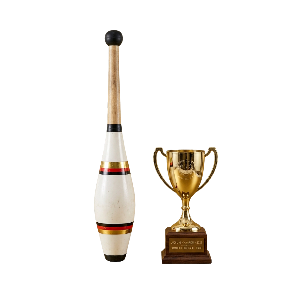 A golden trophy and a tall wooden bowling pin with black and red stripes displayed together