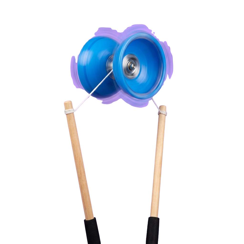 A wooden yoyo with blue and purple plastic parts and metal bearings