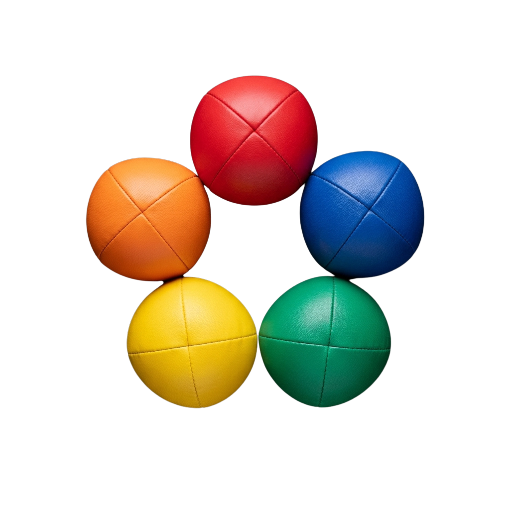 Five brightly colored exercise balls in red, blue, green, yellow, and orange arranged in a cluster