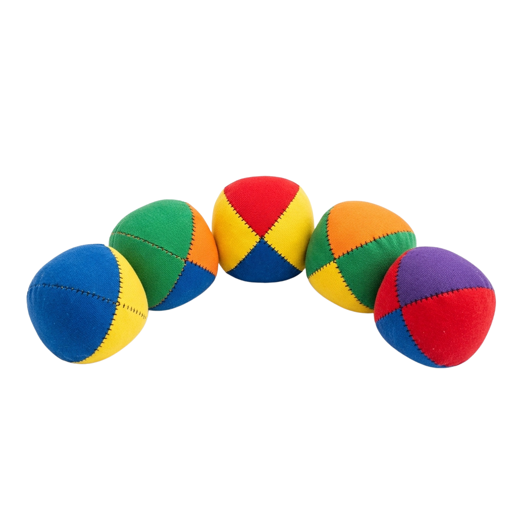 Five colorful fabric juggling balls arranged in a line, each with different vibrant patterns.