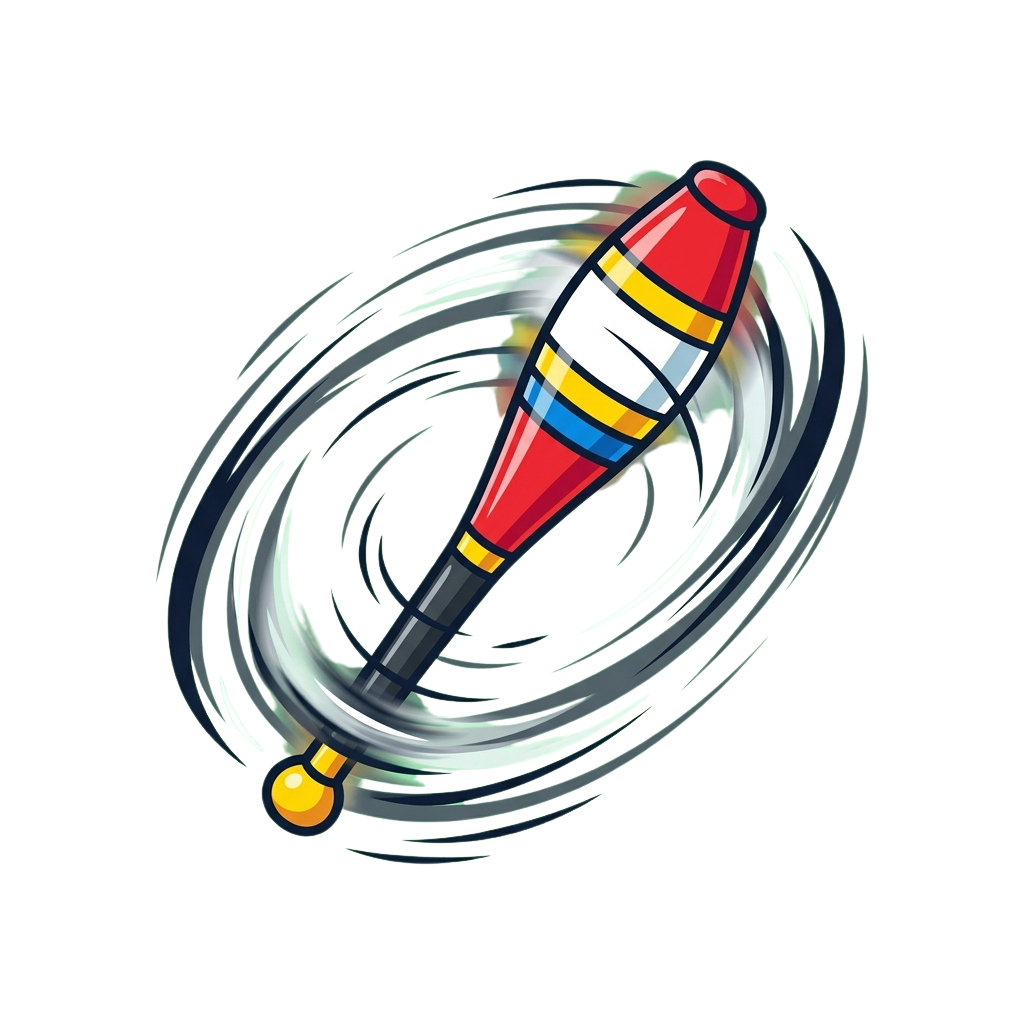 A colorful spinning top with red, white, blue, and yellow stripes rotating quickly on a flat surface, creating motion blur effects.