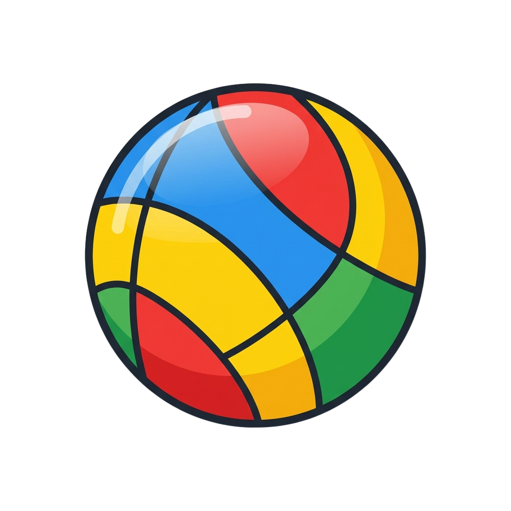A glossy sphere divided into six segments with vibrant colors: red, blue, yellow, and green.