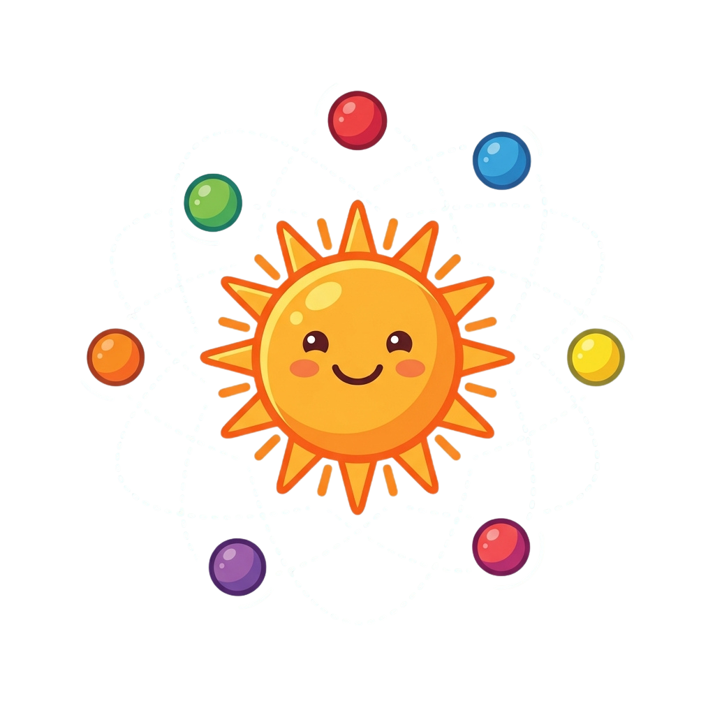 A smiling sun at the center with eight colorful planets orbiting around it in dashed lines