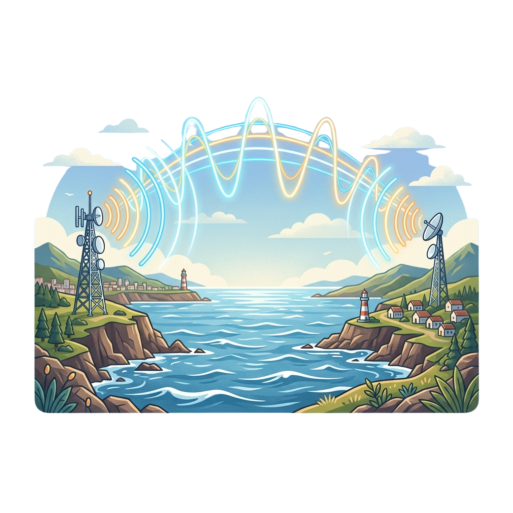 Illustration showing wireless signals connecting two cell towers over a coastal village with lighthouses and ocean