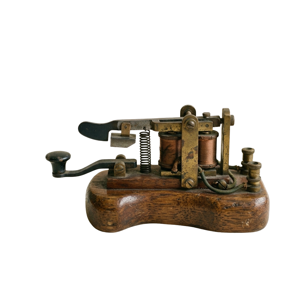 Antique brass Morse code telegraph key with wooden base and two cylindrical spools