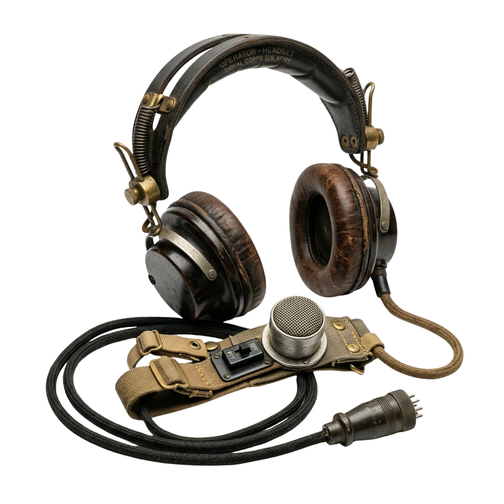 A vintage military-style headset with leather ear pads, microphone, and coiled cord on a black background