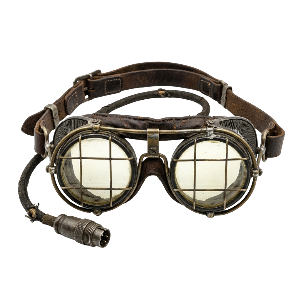 Old-fashioned goggles with leather straps and wire grid lenses attached to a hose