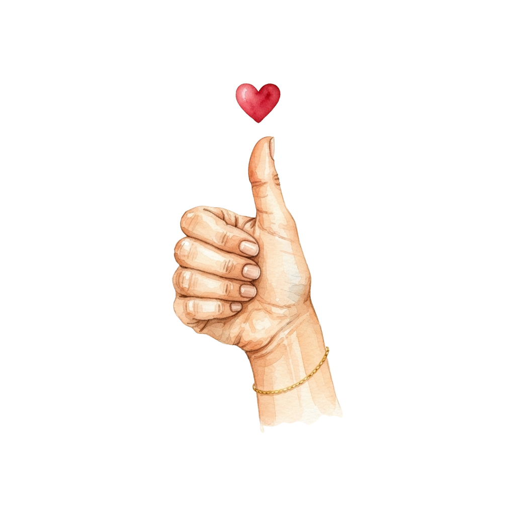 Thumb raised with a small red heart floating above it against a black background