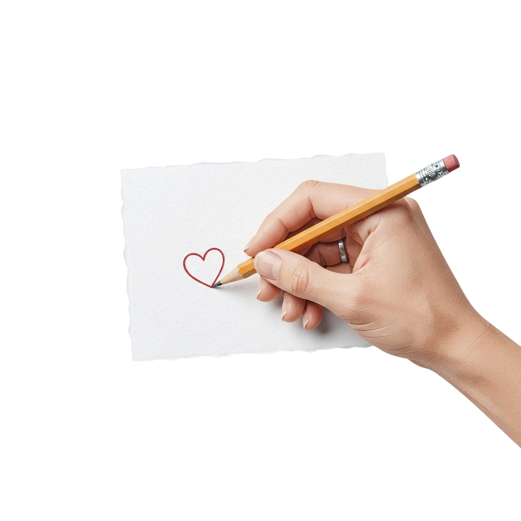 A hand holding a pencil drawing a red heart on a piece of white paper