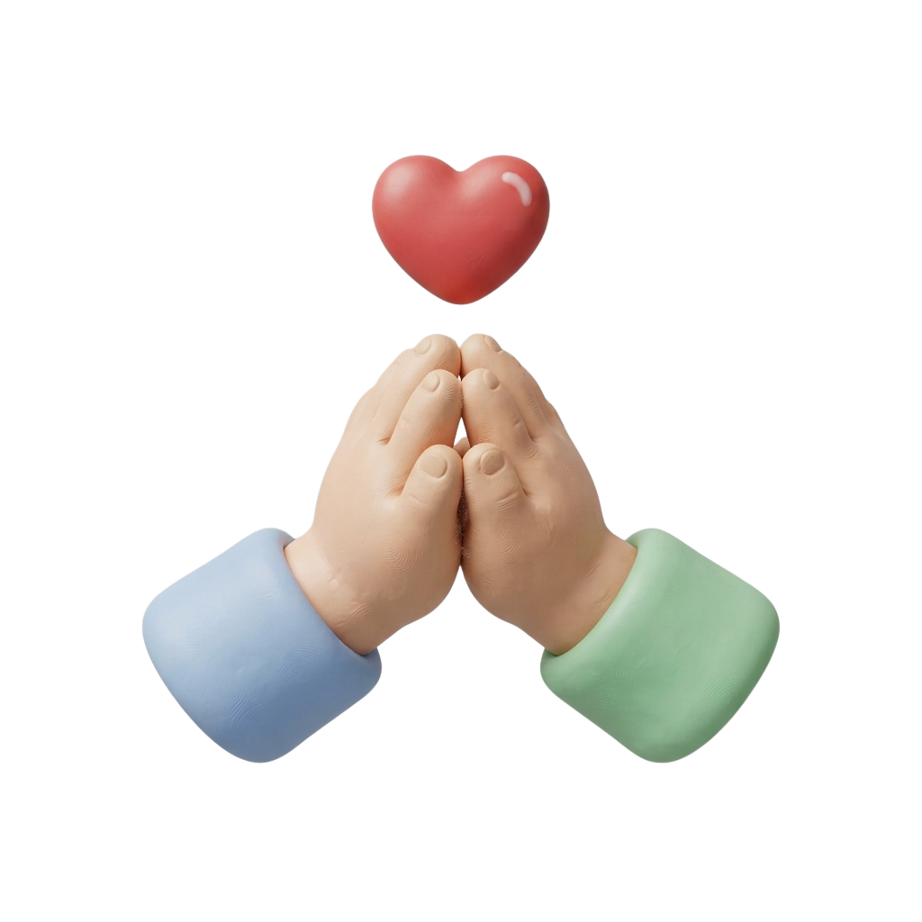 Two hands clapping together with a red heart floating above them against a black background