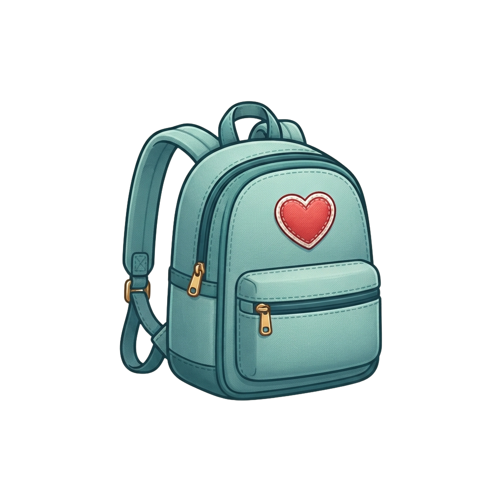 A light blue backpack featuring a red heart patch on the front, with two shoulder straps and a zippered pocket.