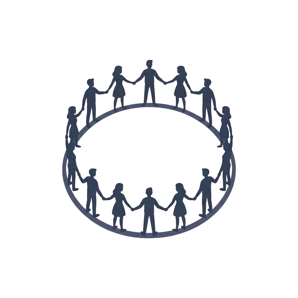 Silhouettes of people holding hands in a large circle formation.