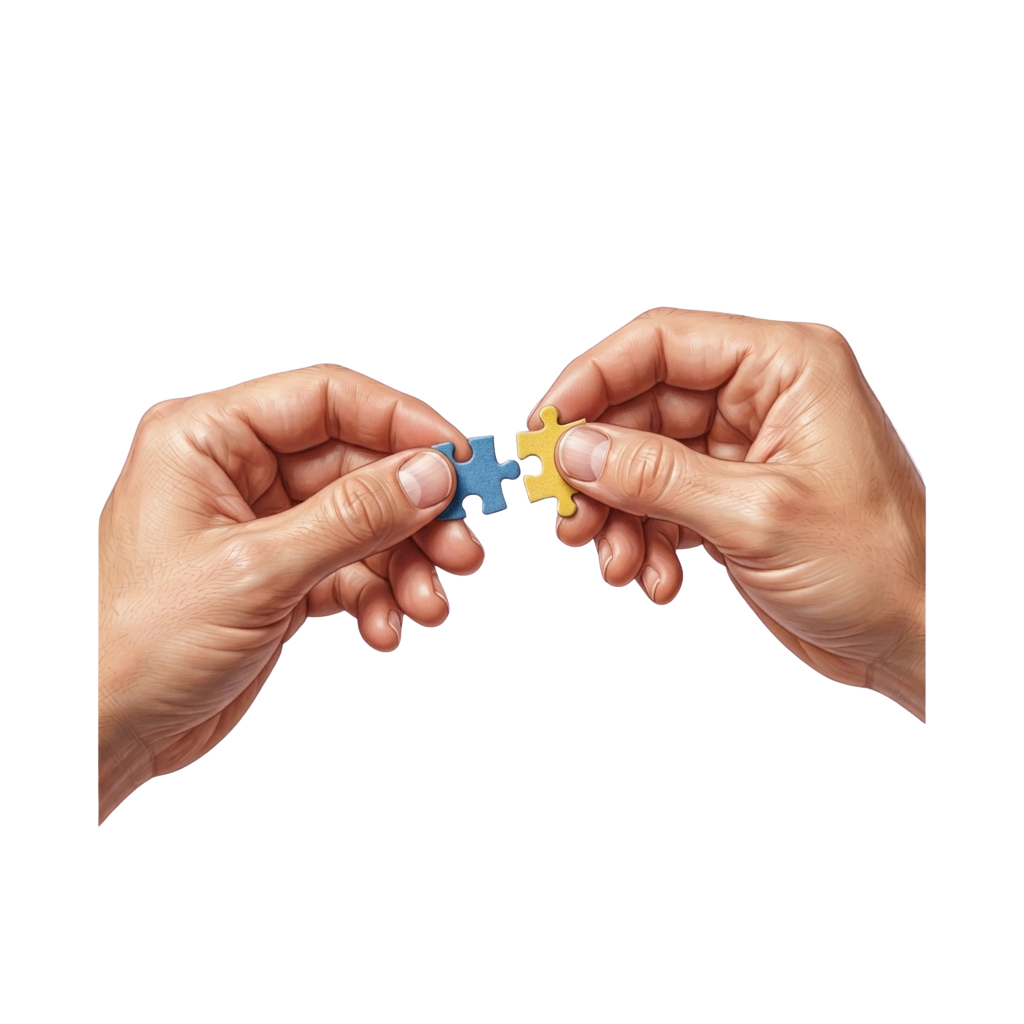 Two hands fitting together blue and yellow puzzle pieces.