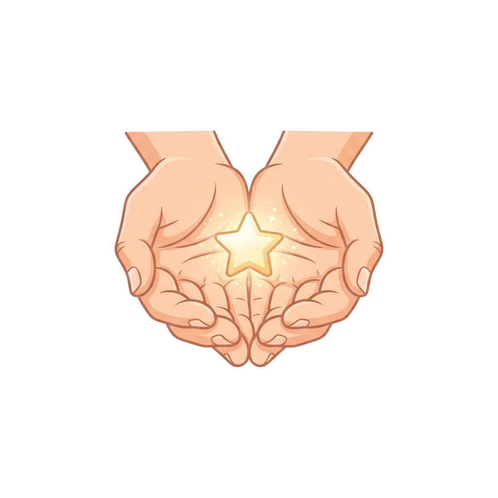 Two hands cupped together forming a heart shape with a glowing star inside