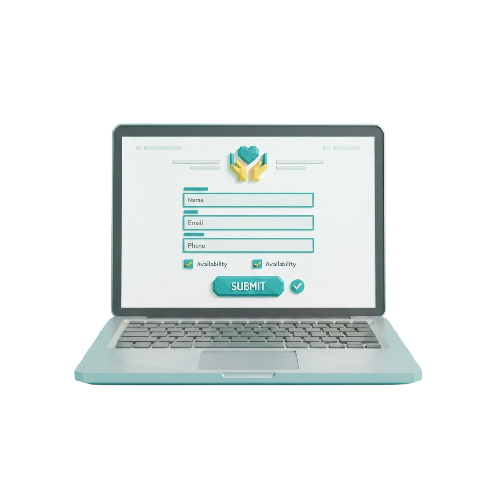 Laptop screen showing a contact form with fields for name, email, phone, and availability options, ready to submit