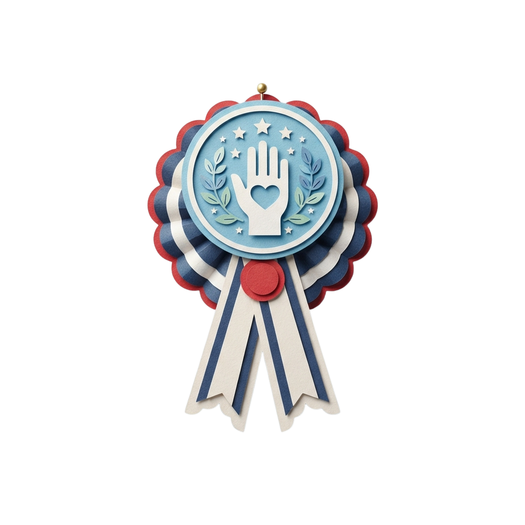 Decorative award ribbon featuring a hand forming a heart, surrounded by stars and laurel leaves on a blue background with red, white, and blue stripes.