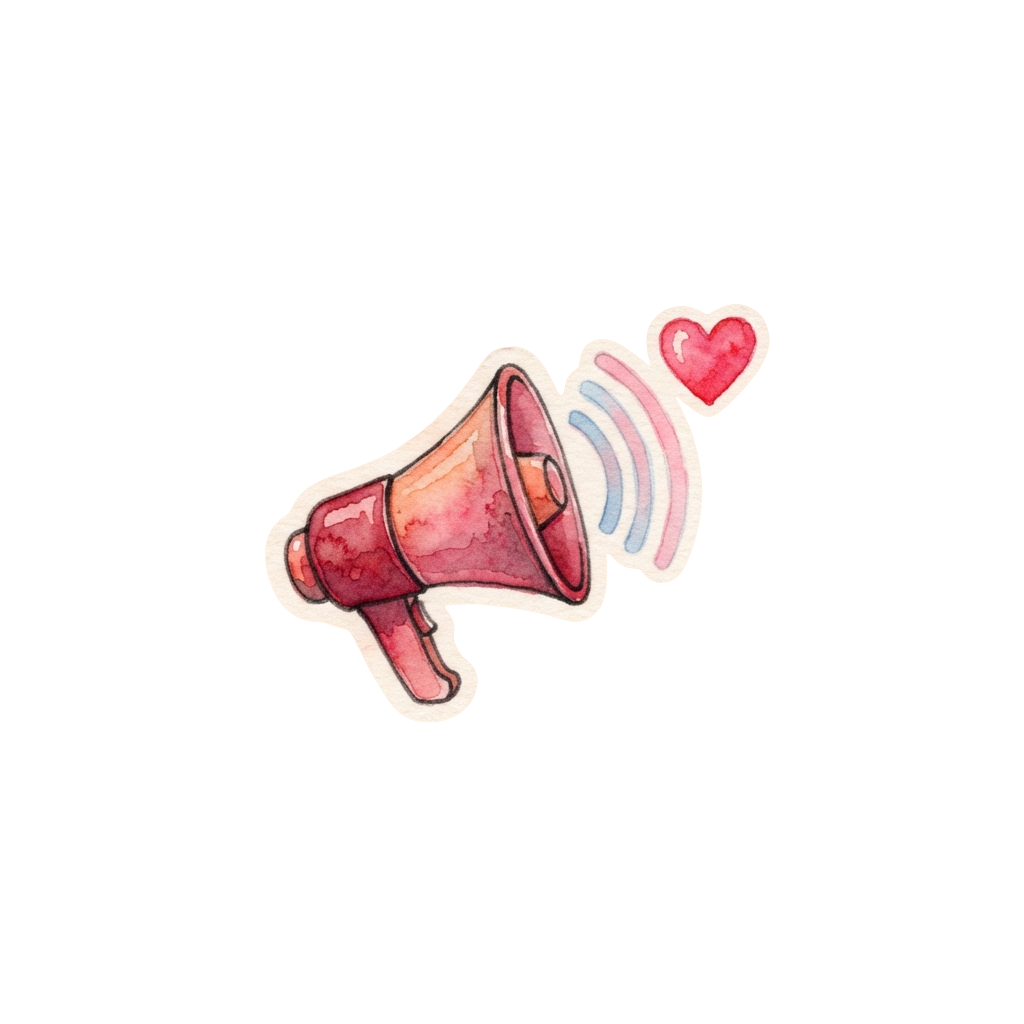 A stylized megaphone emitting sound waves and a pink heart symbol