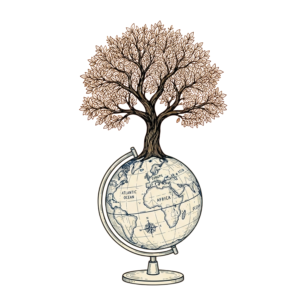 Illustration of a globe with a tree growing out of the top, symbolizing global growth or nature.