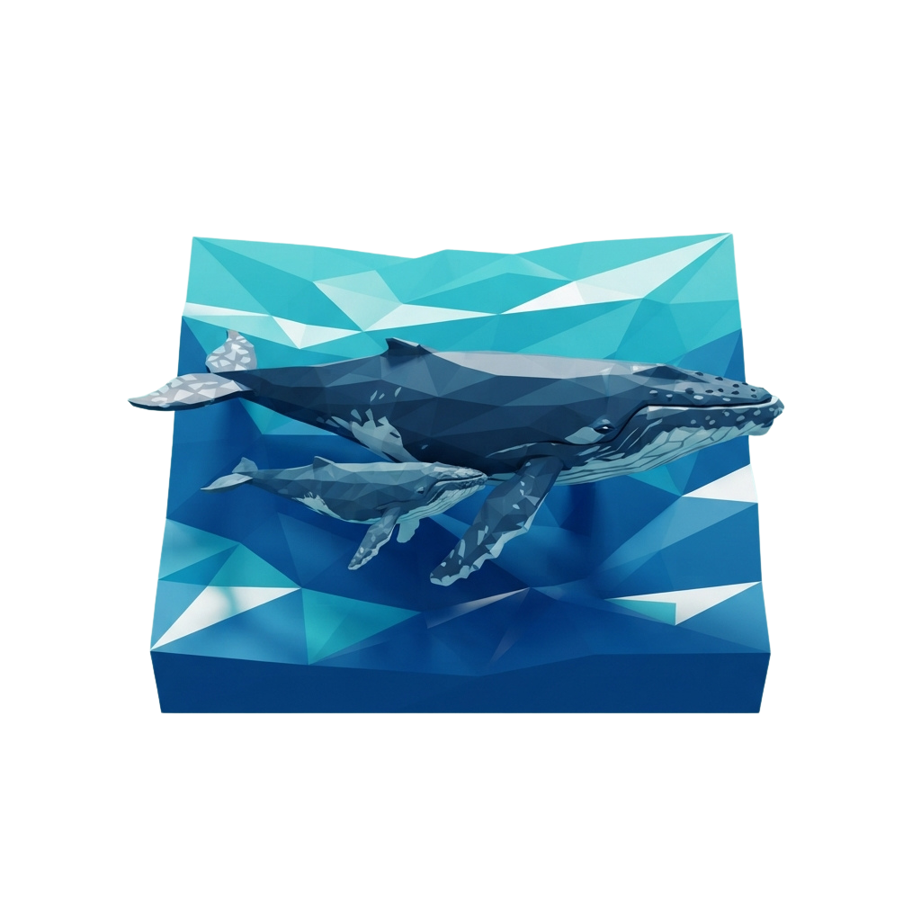 Two whales swimming in a stylized low-poly ocean background with geometric shapes