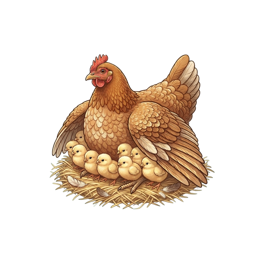 A mother hen with fluffy yellow chicks gathered under her wings in a nest