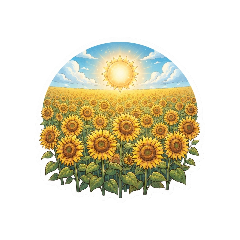 A vibrant field of sunflowers under a bright sun with scattered clouds in a cheerful sky