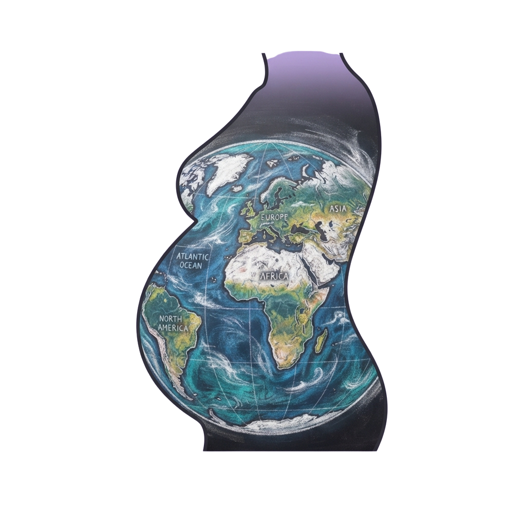Artistic globe map showing continents including Africa, Europe, Asia, and North America with ocean currents.
