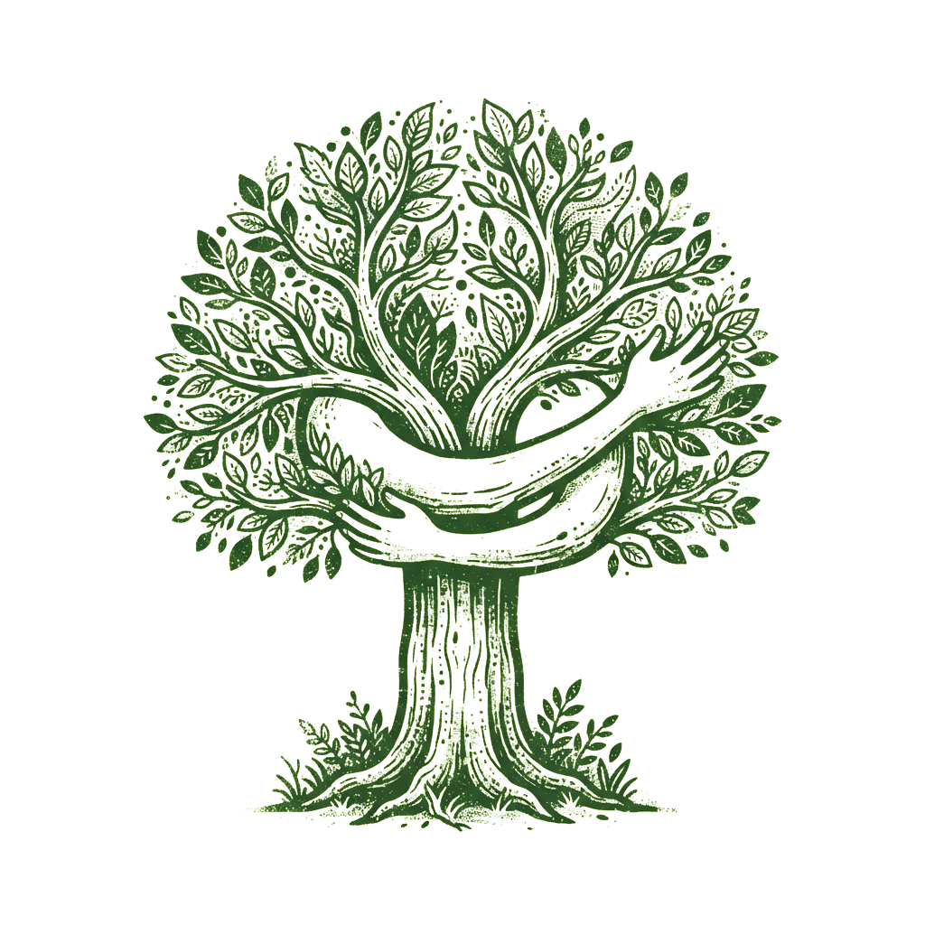 Detailed green tree illustration with symmetrical branches and leaves on a black background