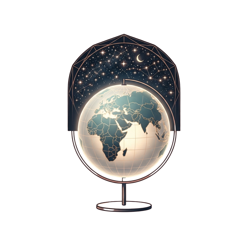 Illuminated globe showing Earth with a starry night sky background and crescent moon above the top.