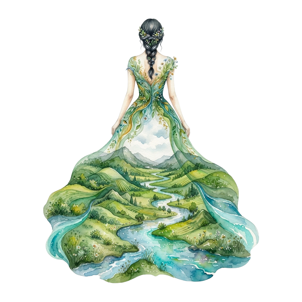 Illustration of a woman in a flowing dress made of greenery and water, viewed from behind