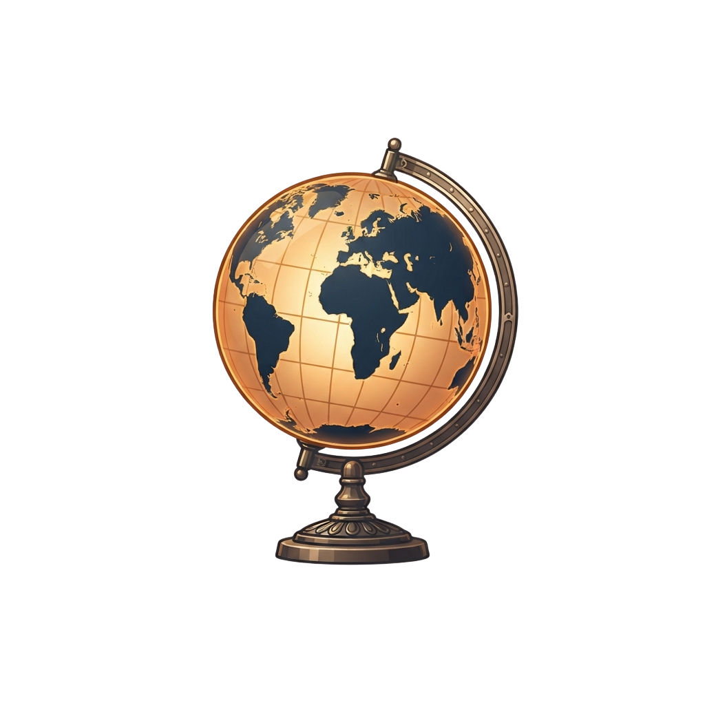 A brass-colored globe on a decorative stand against a dark background