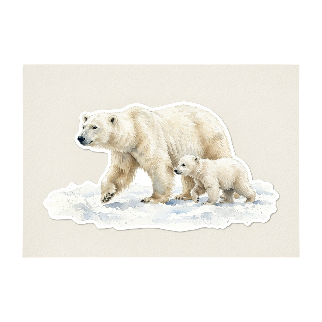 A mother polar bear and her cub walking on ice floes in a snowy environment