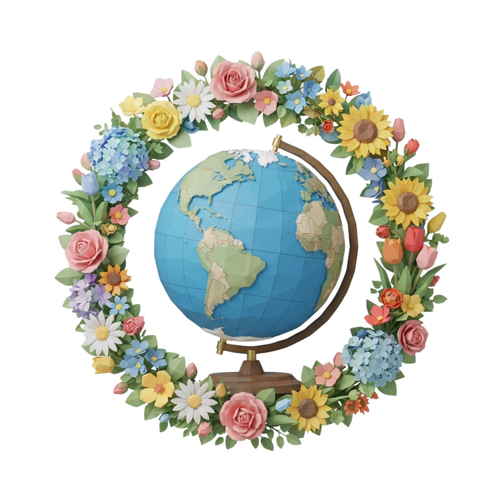 A globe surrounded by a circular wreath of colorful flowers including roses, sunflowers, and daisies