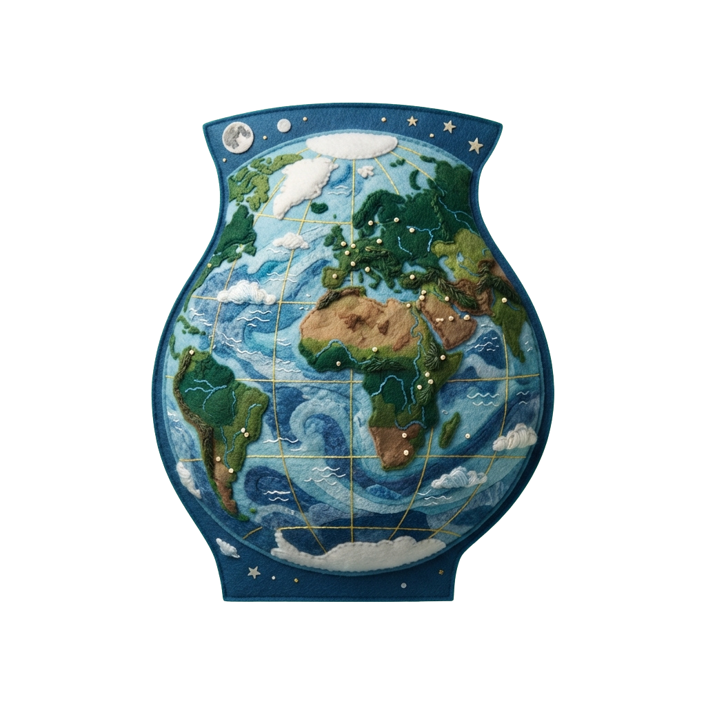 Embroidered world map displayed on a vase-shaped fabric background with stars and moon.