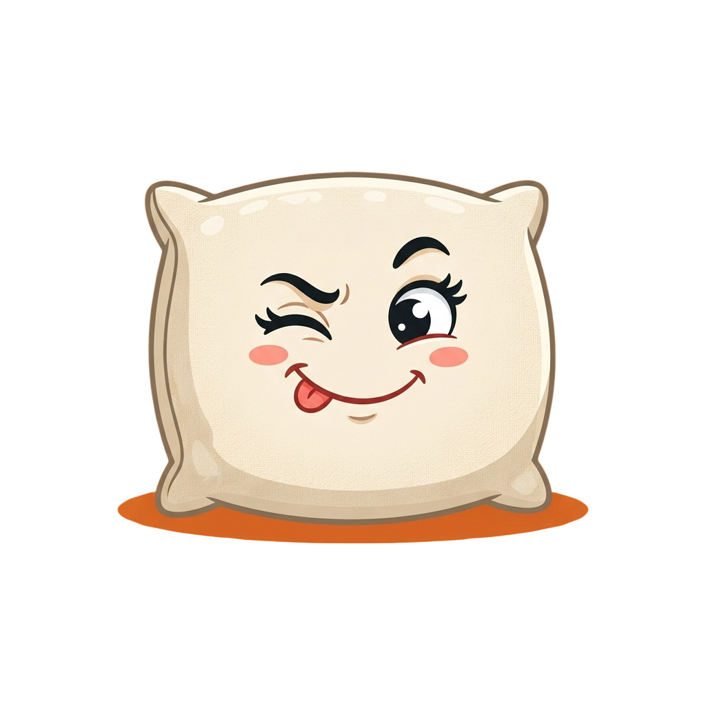 Smiling cartoon pillow with closed eyes and a cheerful expression