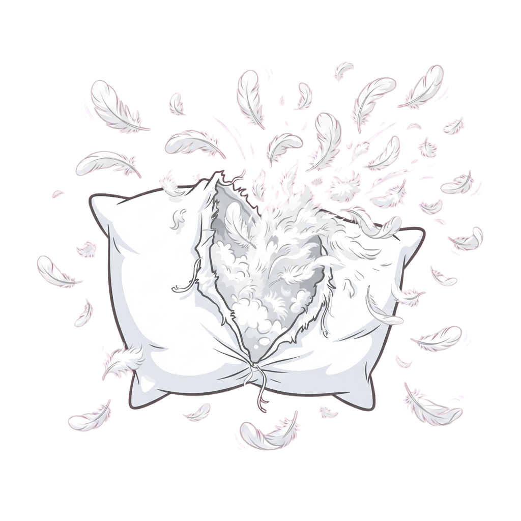 Illustration of a pillow splitting open to release white feathers against a black background