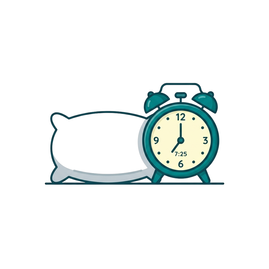 A cartoon pig sleeping beside a blue alarm clock showing 7:25