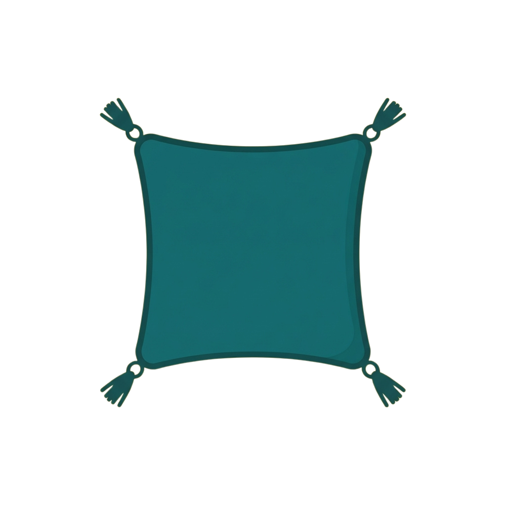 Square teal pillow with tassels on each corner against a dark background
