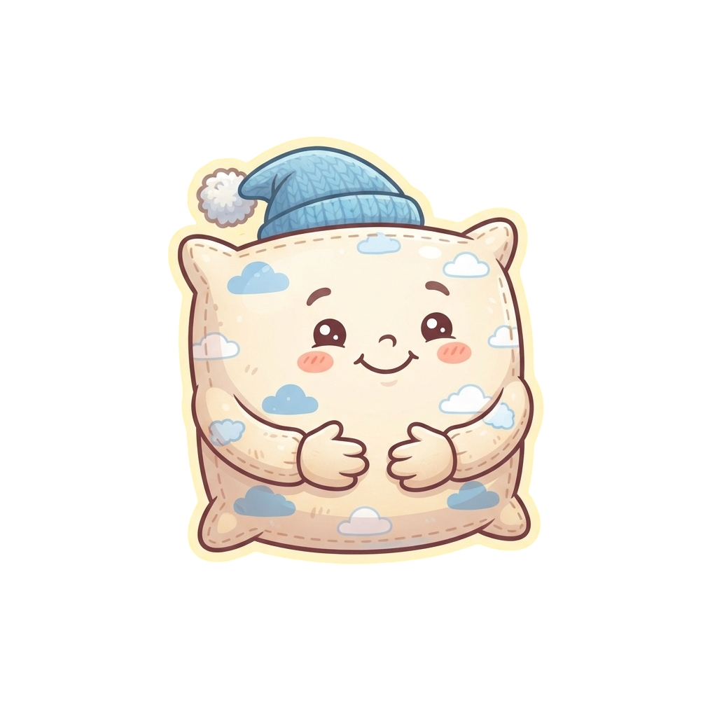 Smiling cartoon pillow character wearing a blue knit hat with small clouds on its surface