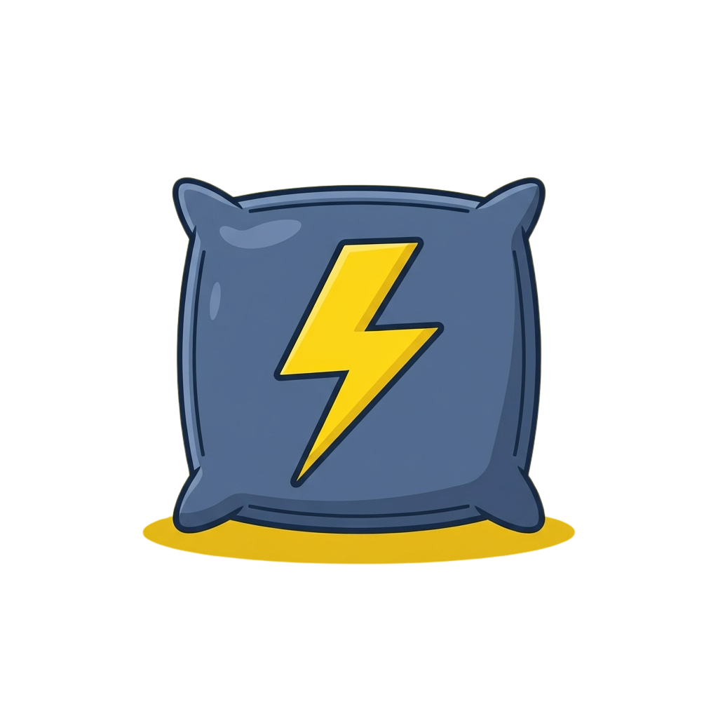 A stylized pillow with a yellow lightning bolt symbol on a dark blue background