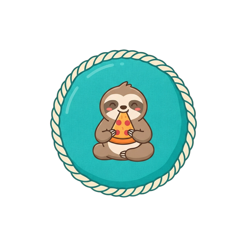 A smiling cartoon sloth sitting and holding a slice of pizza with pepperoni toppings