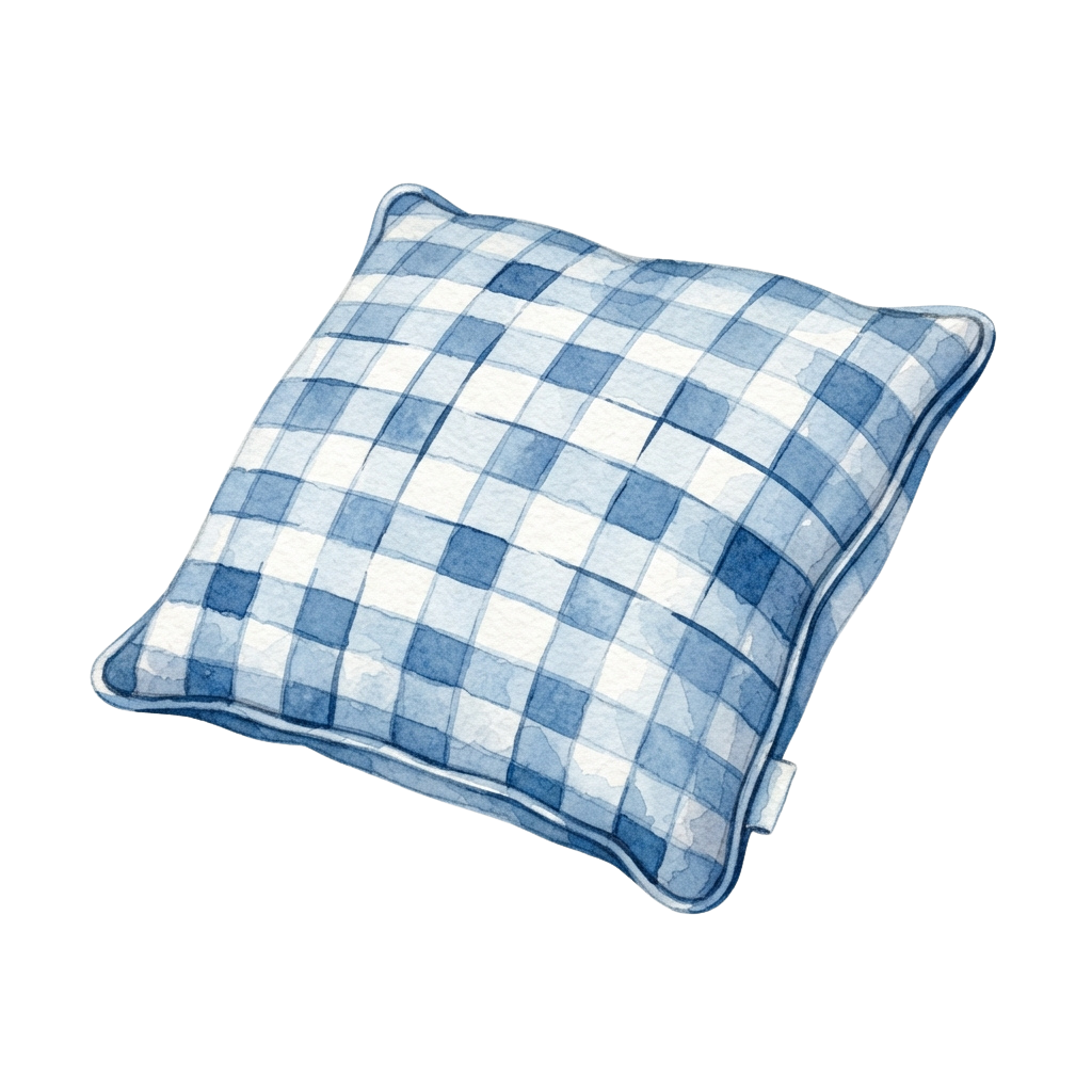 Square throw pillow with blue and white checkered pattern
