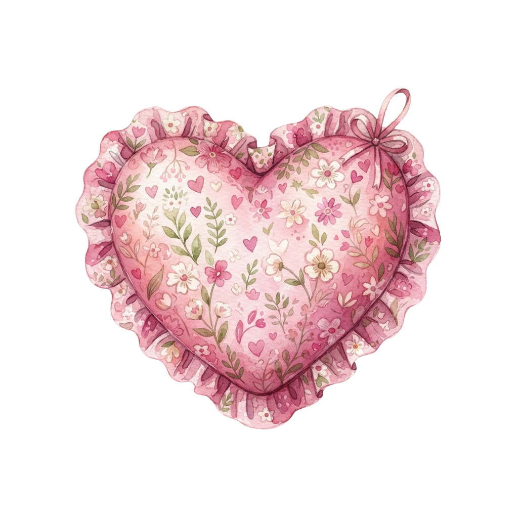 A heart-shaped fabric ornament with pink floral embroidery and ruffled edges, attached to a ribbon loop