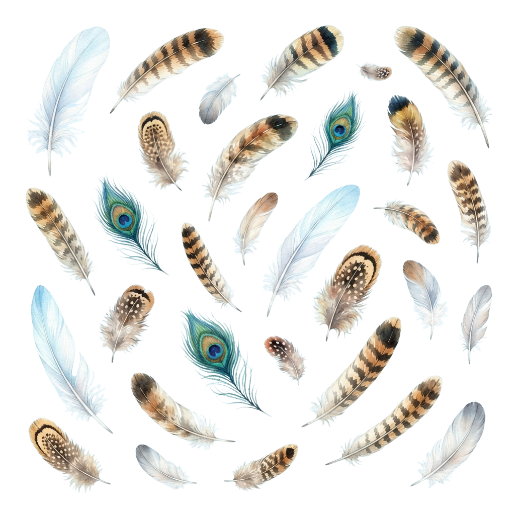 A circular arrangement of various colorful bird feathers on a black background