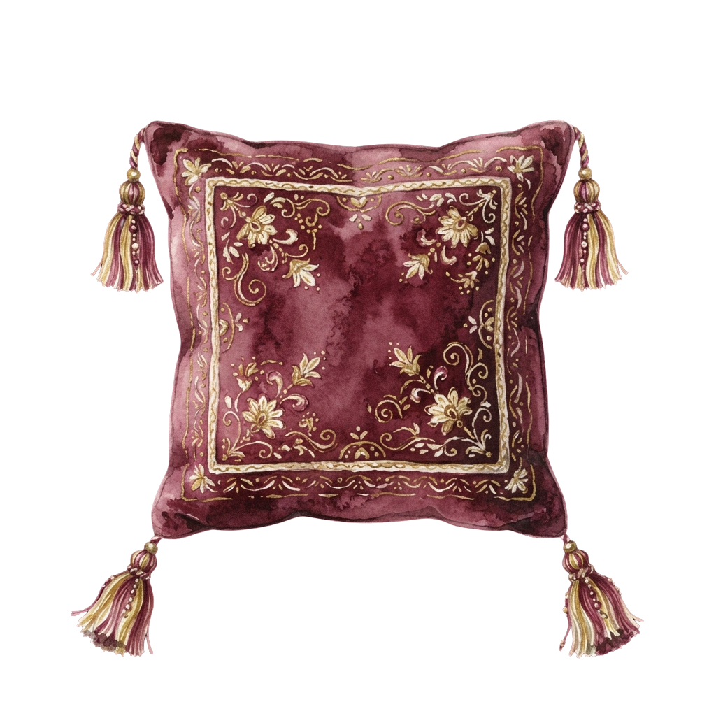 Square velvet pillow in deep burgundy with gold embroidered floral and vine patterns, featuring tassels on each corner