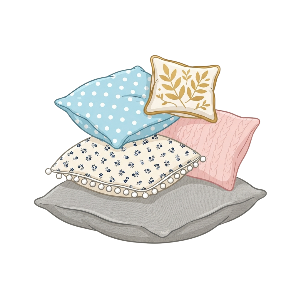 Four decorative throw pillows stacked, featuring light blue polka dots, floral patterns, cream lace trim, and a gold leaf embossed design.