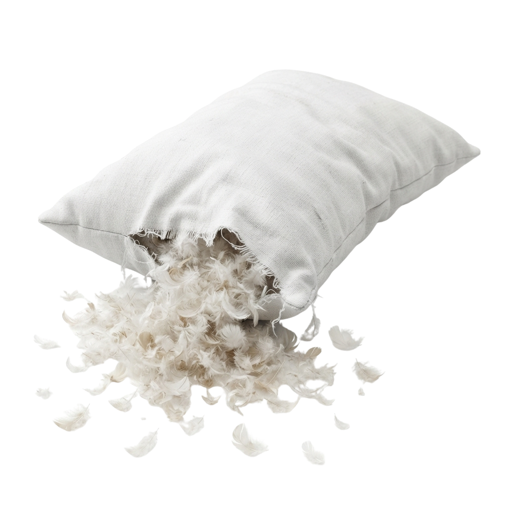 A white pillow with its contents spilling out onto a black background