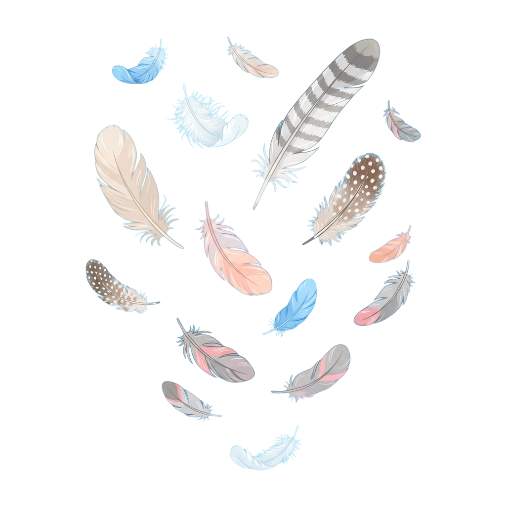 Scattered pastel feathers in various shades on black background